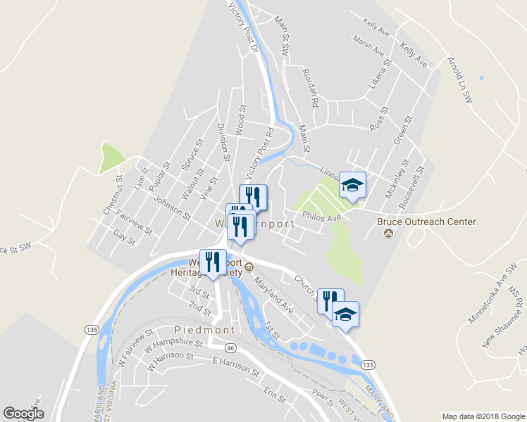 map of restaurants, bars, coffee shops, grocery stores, and more near 84 Main Street in Westernport