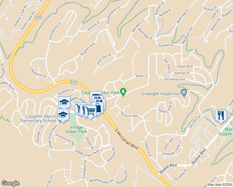 map of restaurants, bars, coffee shops, grocery stores, and more near 3640 Hemlock Way in Reno