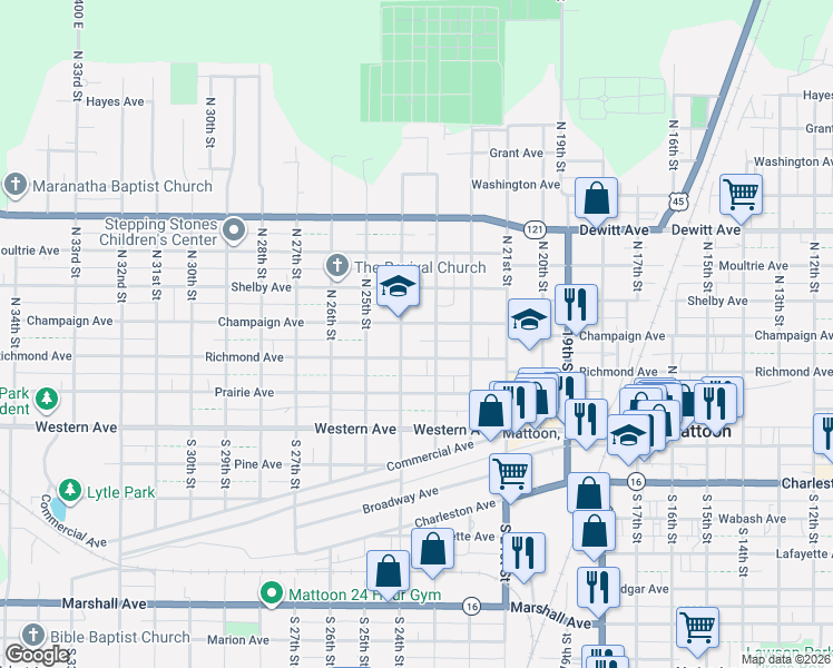 map of restaurants, bars, coffee shops, grocery stores, and more near 301 North 23rd Street in Mattoon