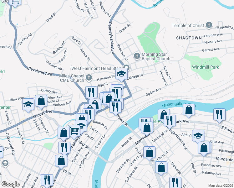 map of restaurants, bars, coffee shops, grocery stores, and more near 331 Madison Street in Fairmont