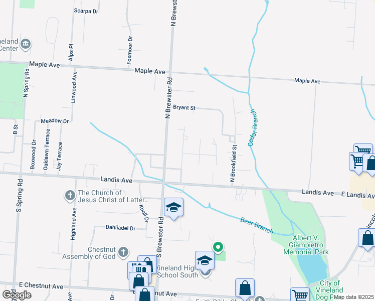 map of restaurants, bars, coffee shops, grocery stores, and more near 151 Redcrest Street in Vineland