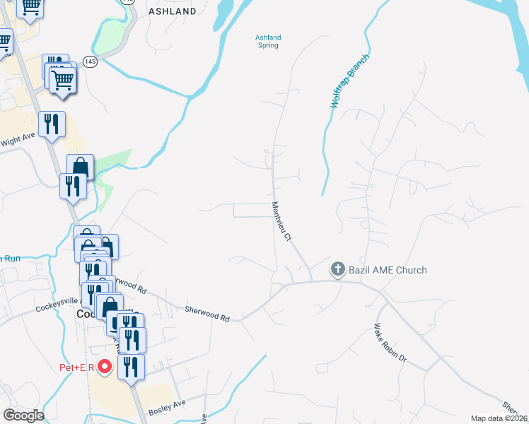 map of restaurants, bars, coffee shops, grocery stores, and more near 22 Montvieu Court in Cockeysville