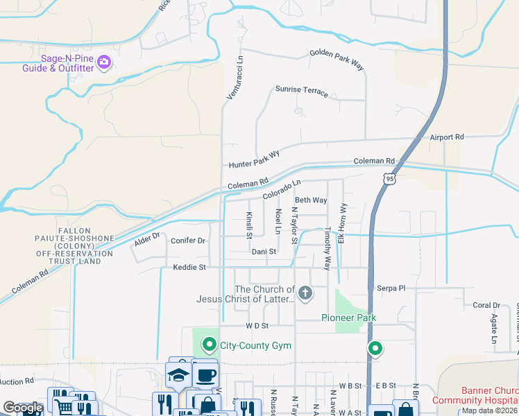 map of restaurants, bars, coffee shops, grocery stores, and more near 841 Karry Way in Fallon