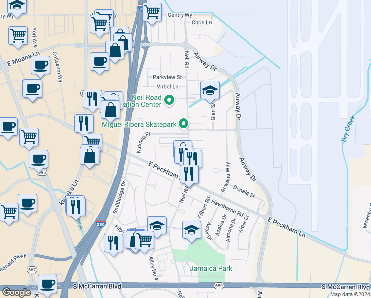 map of restaurants, bars, coffee shops, grocery stores, and more near 4205 Neil Road in Reno