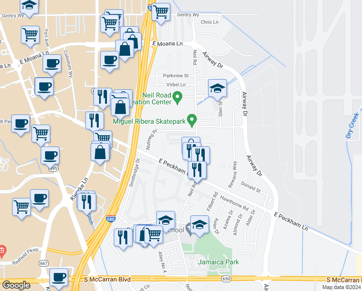 map of restaurants, bars, coffee shops, grocery stores, and more near 4205 Neil Road in Reno