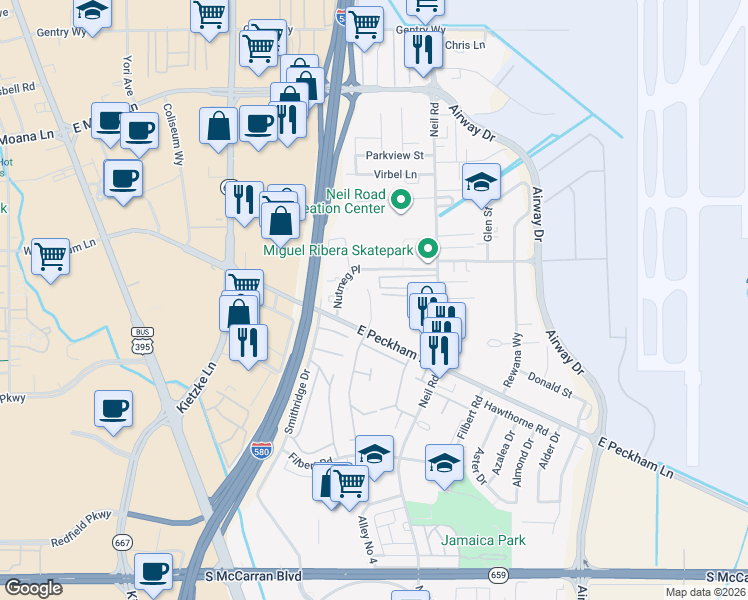 map of restaurants, bars, coffee shops, grocery stores, and more near 4080 Shinners Place in Reno