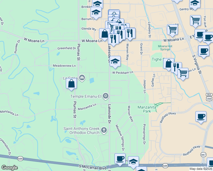 map of restaurants, bars, coffee shops, grocery stores, and more near 4090 Lakeside Drive in Reno
