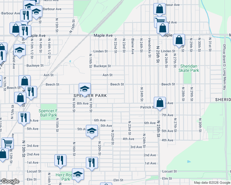 map of restaurants, bars, coffee shops, grocery stores, and more near 2104-2298 Plum Street in Terre Haute