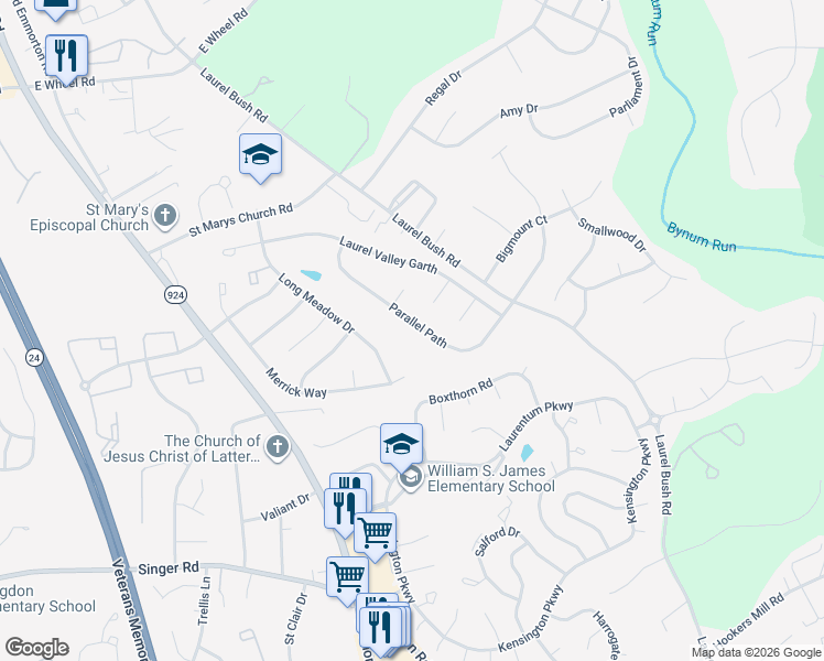 map of restaurants, bars, coffee shops, grocery stores, and more near 2710 Parallel Path in Abingdon