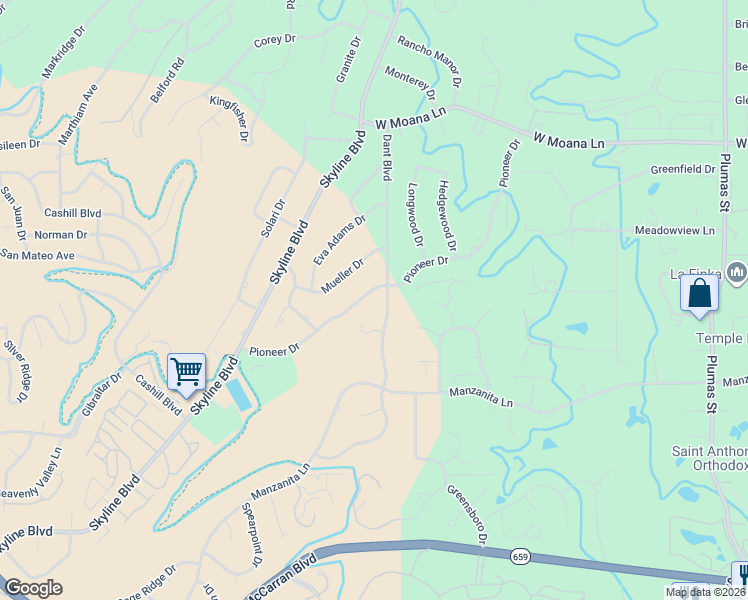 map of restaurants, bars, coffee shops, grocery stores, and more near 2360 Pioneer Drive in Reno
