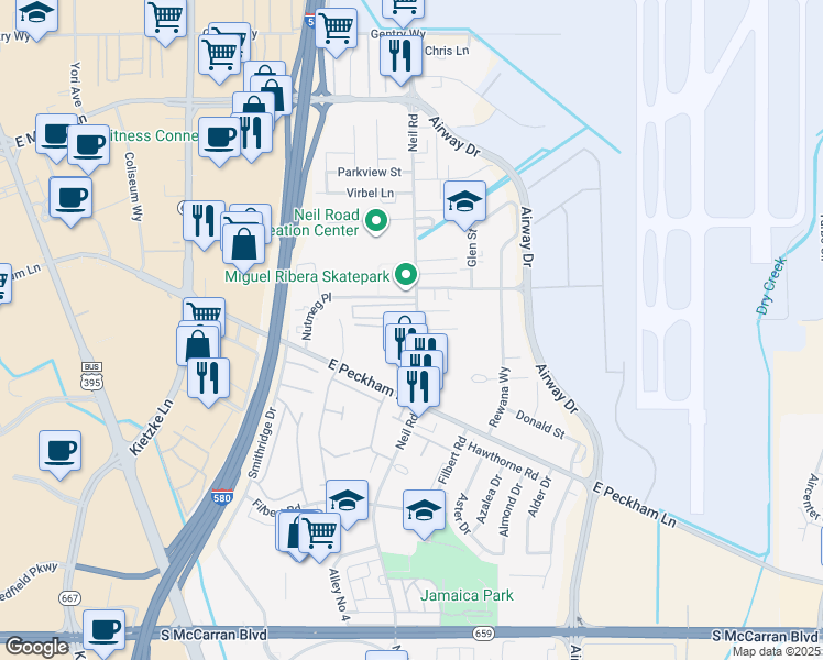 map of restaurants, bars, coffee shops, grocery stores, and more near 4175 Neil Road in Reno