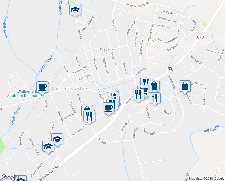 map of restaurants, bars, coffee shops, grocery stores, and more near 106 Edinburgh Court in Walkersville