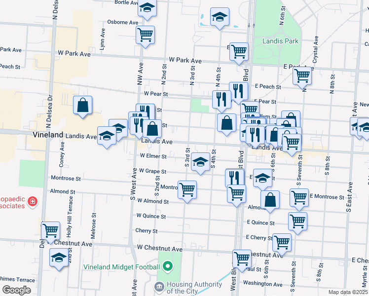 map of restaurants, bars, coffee shops, grocery stores, and more near 239 West Landis Avenue in Vineland