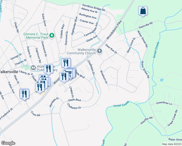 map of restaurants, bars, coffee shops, grocery stores, and more near 39 Challenger Court in Walkersville