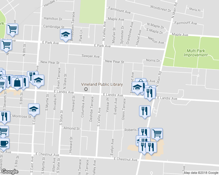 map of restaurants, bars, coffee shops, grocery stores, and more near 2 Victory Avenue in Vineland