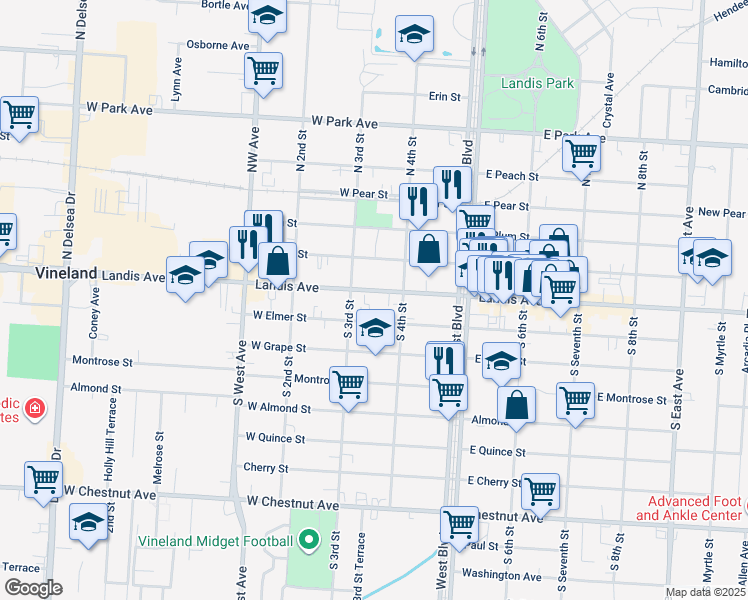 map of restaurants, bars, coffee shops, grocery stores, and more near 315 West Landis Avenue in Vineland