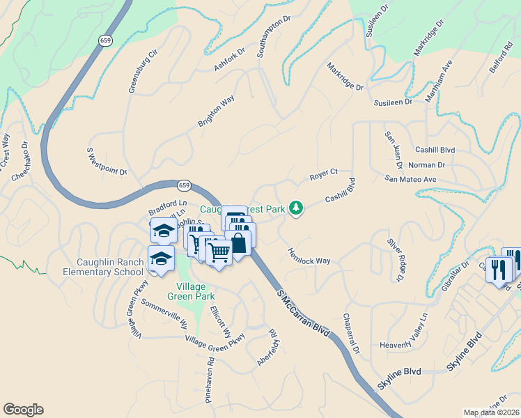map of restaurants, bars, coffee shops, grocery stores, and more near 3657 Crestridge Way in Reno