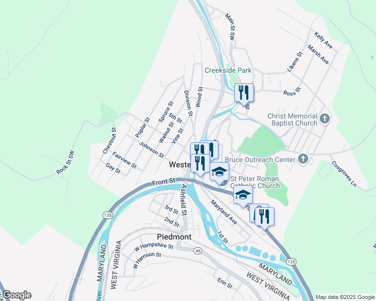 map of restaurants, bars, coffee shops, grocery stores, and more near 402 Hammond Street in Westernport