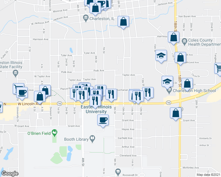 map of restaurants, bars, coffee shops, grocery stores, and more near 735 Buchanan Avenue in Charleston