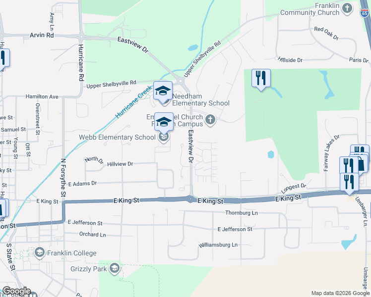 map of restaurants, bars, coffee shops, grocery stores, and more near 353 Carriage Lane in Franklin