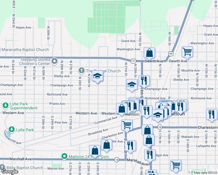 map of restaurants, bars, coffee shops, grocery stores, and more near 301-399 North 23rd Street in Mattoon
