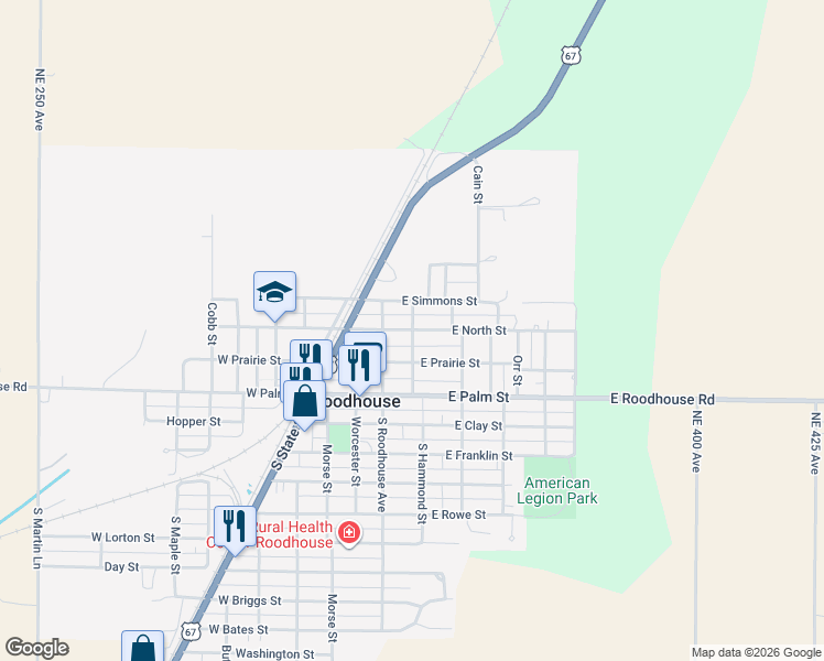map of restaurants, bars, coffee shops, grocery stores, and more near 200 East North Street in Roodhouse