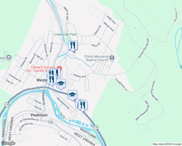 map of restaurants, bars, coffee shops, grocery stores, and more near 104 Green Street in Westernport
