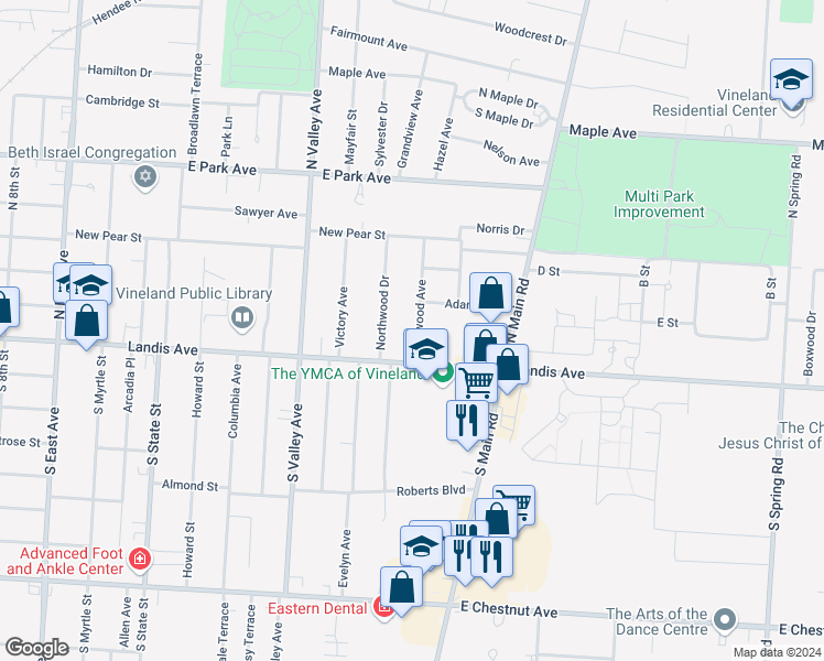 map of restaurants, bars, coffee shops, grocery stores, and more near 4 Elmwood Avenue in Vineland