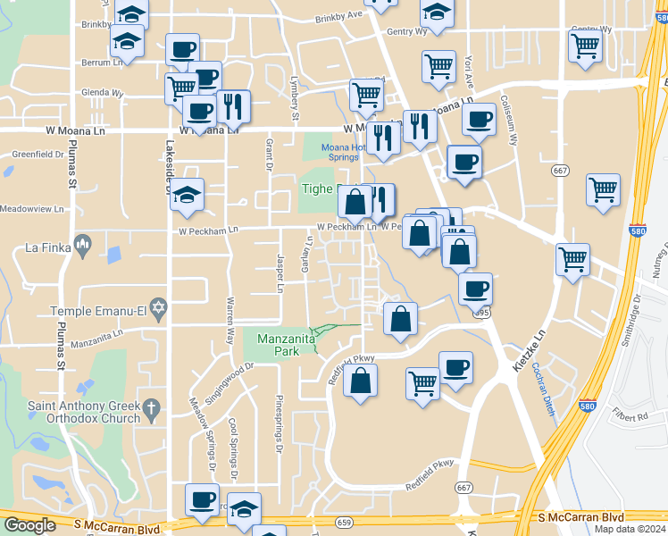 map of restaurants, bars, coffee shops, grocery stores, and more near 340 Lorraine Court in Reno