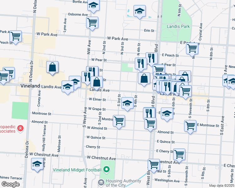 map of restaurants, bars, coffee shops, grocery stores, and more near 239 W Landis Ave in Vineland
