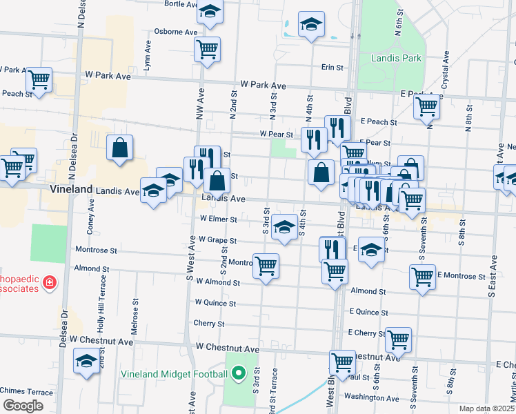 map of restaurants, bars, coffee shops, grocery stores, and more near 235 W Landis Ave in Vineland
