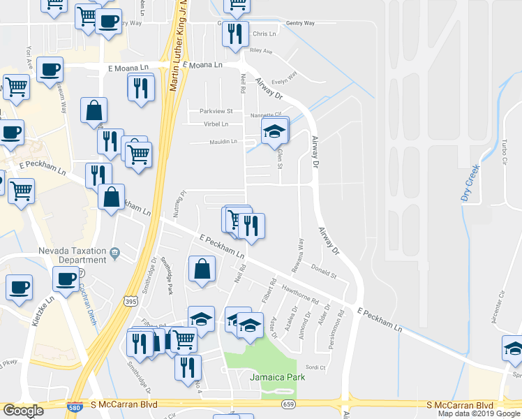 map of restaurants, bars, coffee shops, grocery stores, and more near 4102 Neil Road in Reno