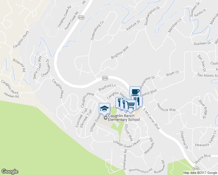 map of restaurants, bars, coffee shops, grocery stores, and more near 4746 Bradford Lane in Reno