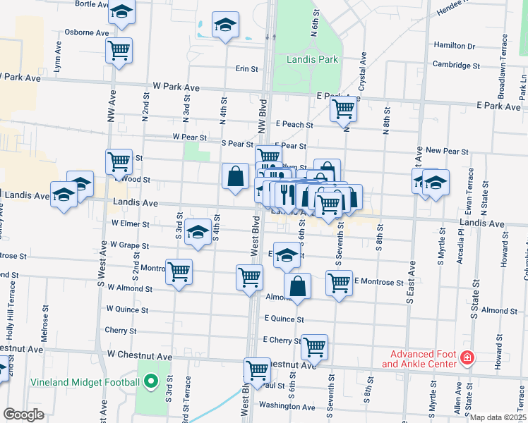 map of restaurants, bars, coffee shops, grocery stores, and more near in Vineland