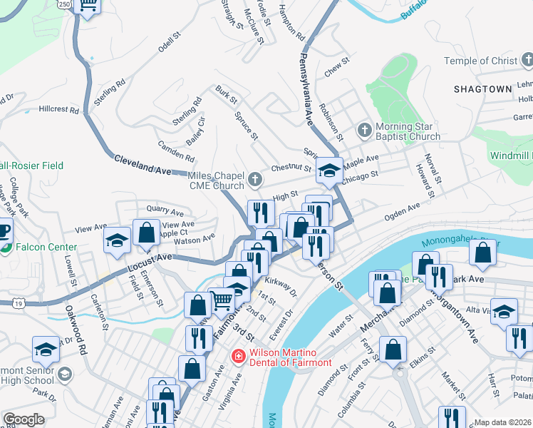 map of restaurants, bars, coffee shops, grocery stores, and more near 447 Monroe Street in Fairmont
