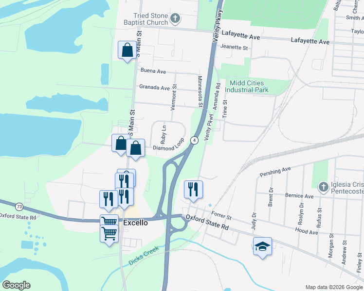 map of restaurants, bars, coffee shops, grocery stores, and more near 572 Diamond Loop in Middletown