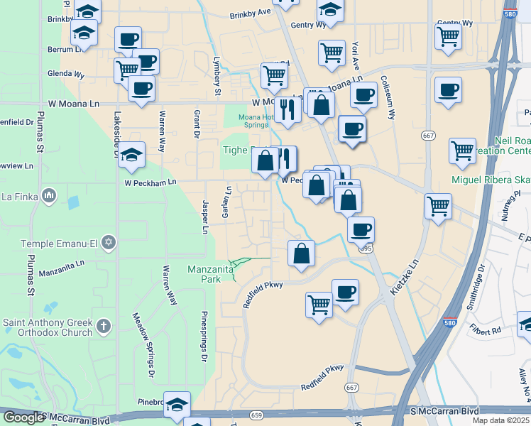 map of restaurants, bars, coffee shops, grocery stores, and more near 308 Lorraine Court in Reno