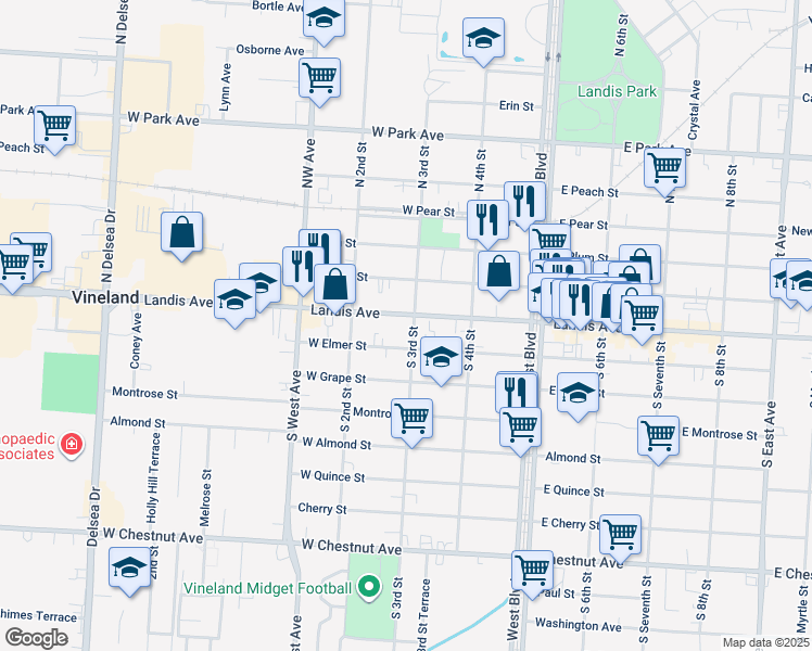 map of restaurants, bars, coffee shops, grocery stores, and more near 235 West Landis Avenue in Vineland
