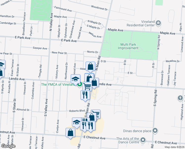 map of restaurants, bars, coffee shops, grocery stores, and more near 1176 Karin Street in Vineland