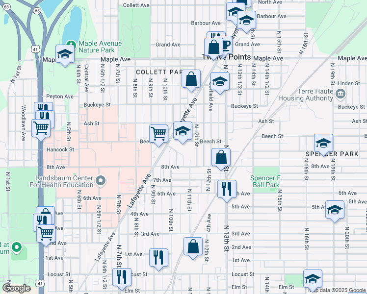 map of restaurants, bars, coffee shops, grocery stores, and more near 961 Lafayette Avenue in Terre Haute