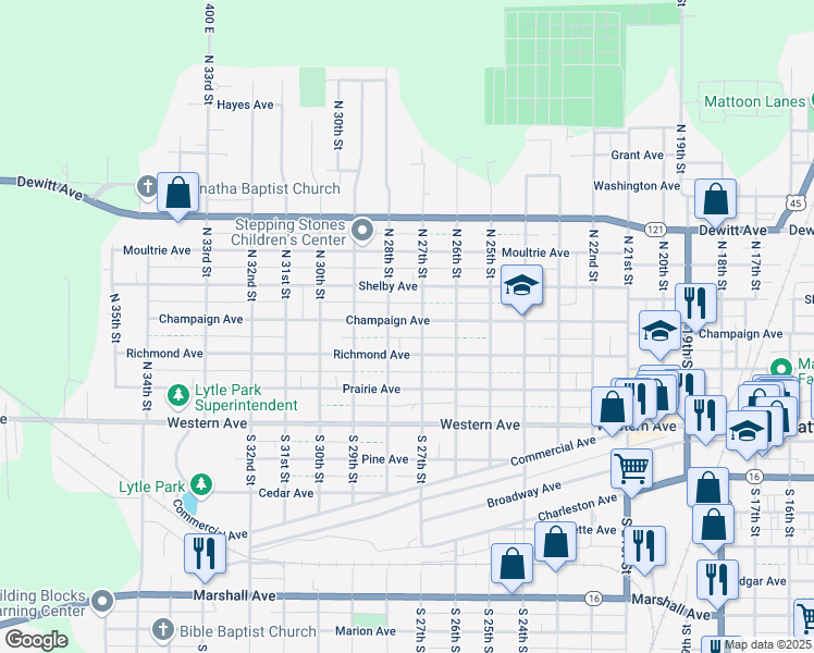 map of restaurants, bars, coffee shops, grocery stores, and more near 2709 Champaign Avenue in Mattoon