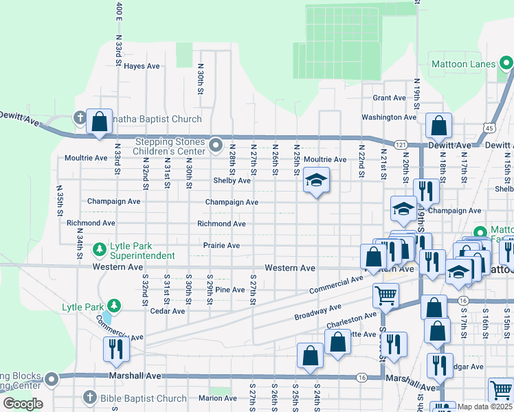 map of restaurants, bars, coffee shops, grocery stores, and more near 2621 Champaign Avenue in Mattoon