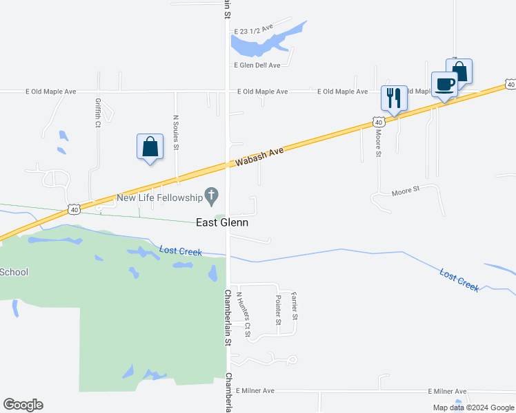 map of restaurants, bars, coffee shops, grocery stores, and more near 1641 Country Walk Court in Terre Haute