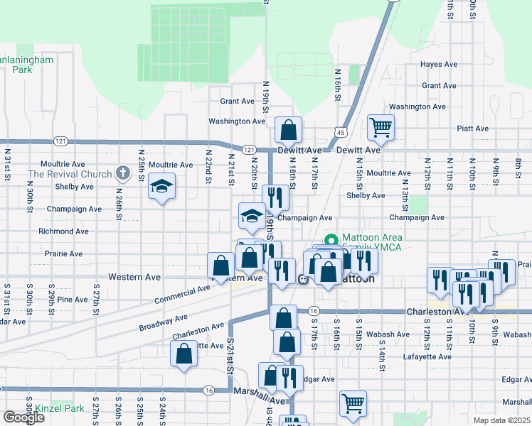 map of restaurants, bars, coffee shops, grocery stores, and more near 1900 Champaign Avenue in Mattoon