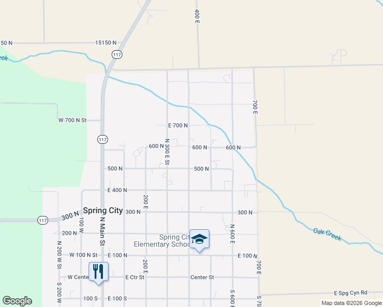 map of restaurants, bars, coffee shops, grocery stores, and more near 660 East 400 North in Spring City