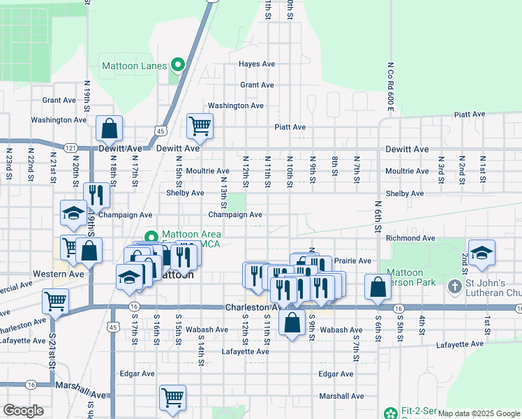 map of restaurants, bars, coffee shops, grocery stores, and more near 1104 Champaign Avenue in Mattoon