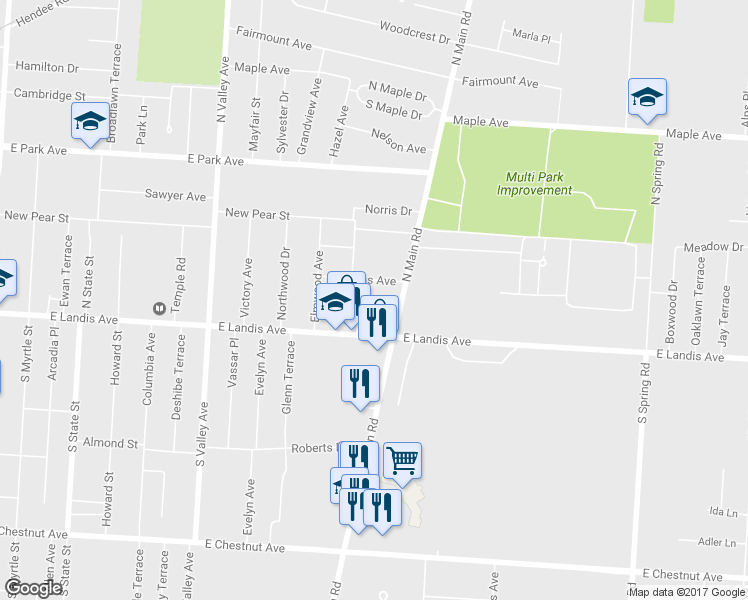 map of restaurants, bars, coffee shops, grocery stores, and more near 1176 Karin Street in Vineland