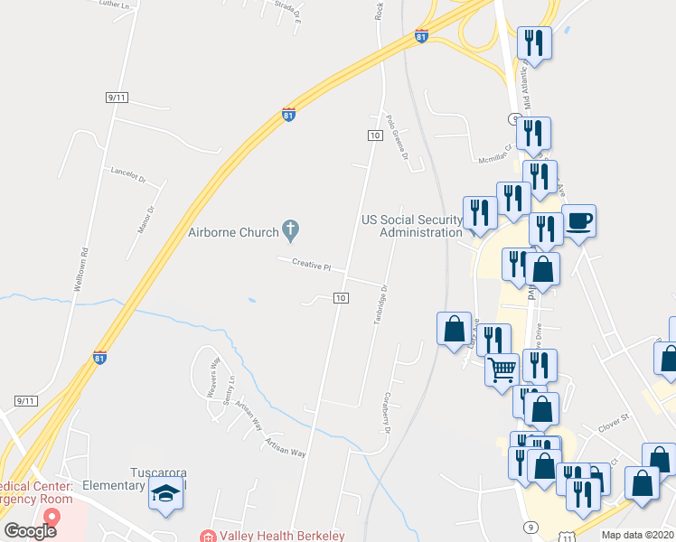 map of restaurants, bars, coffee shops, grocery stores, and more near 1489 Rock Cliff Drive in Martinsburg
