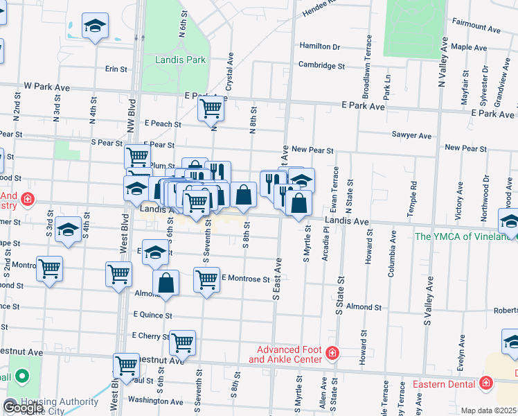 map of restaurants, bars, coffee shops, grocery stores, and more near 814 East Landis Avenue in Vineland