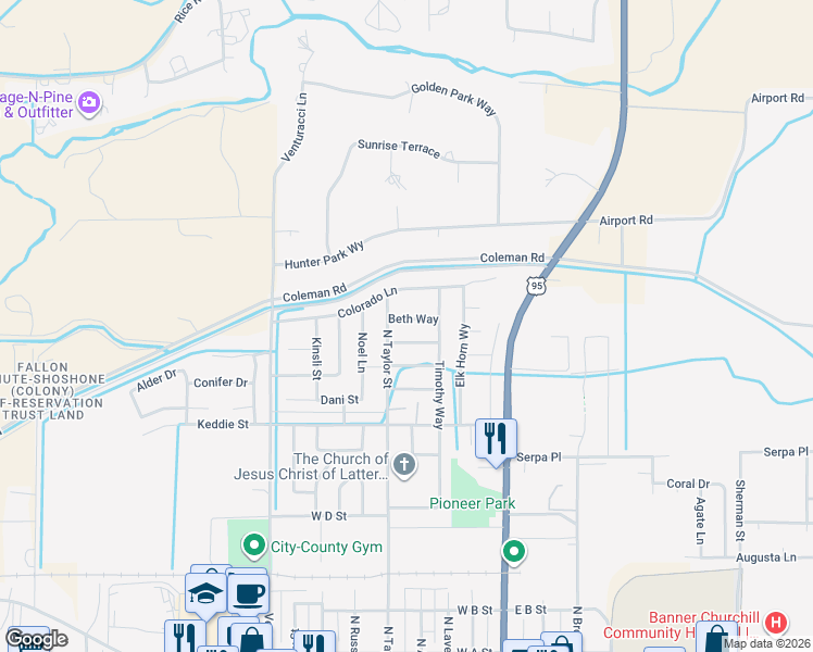 map of restaurants, bars, coffee shops, grocery stores, and more near 299 Beth Way in Fallon
